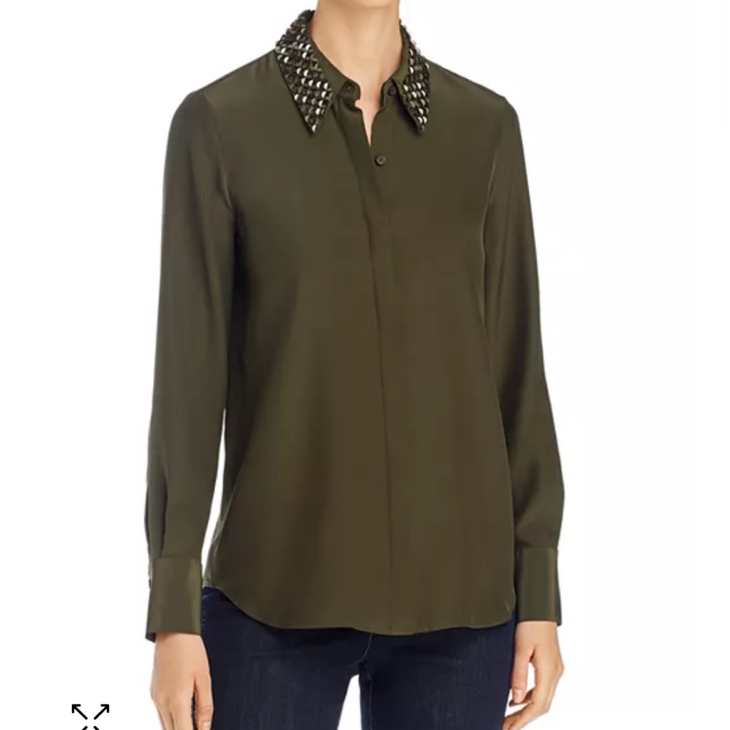 Nwot Julianne Embellished Collar Olive Green Silk Women's Blouse Size Xsmall